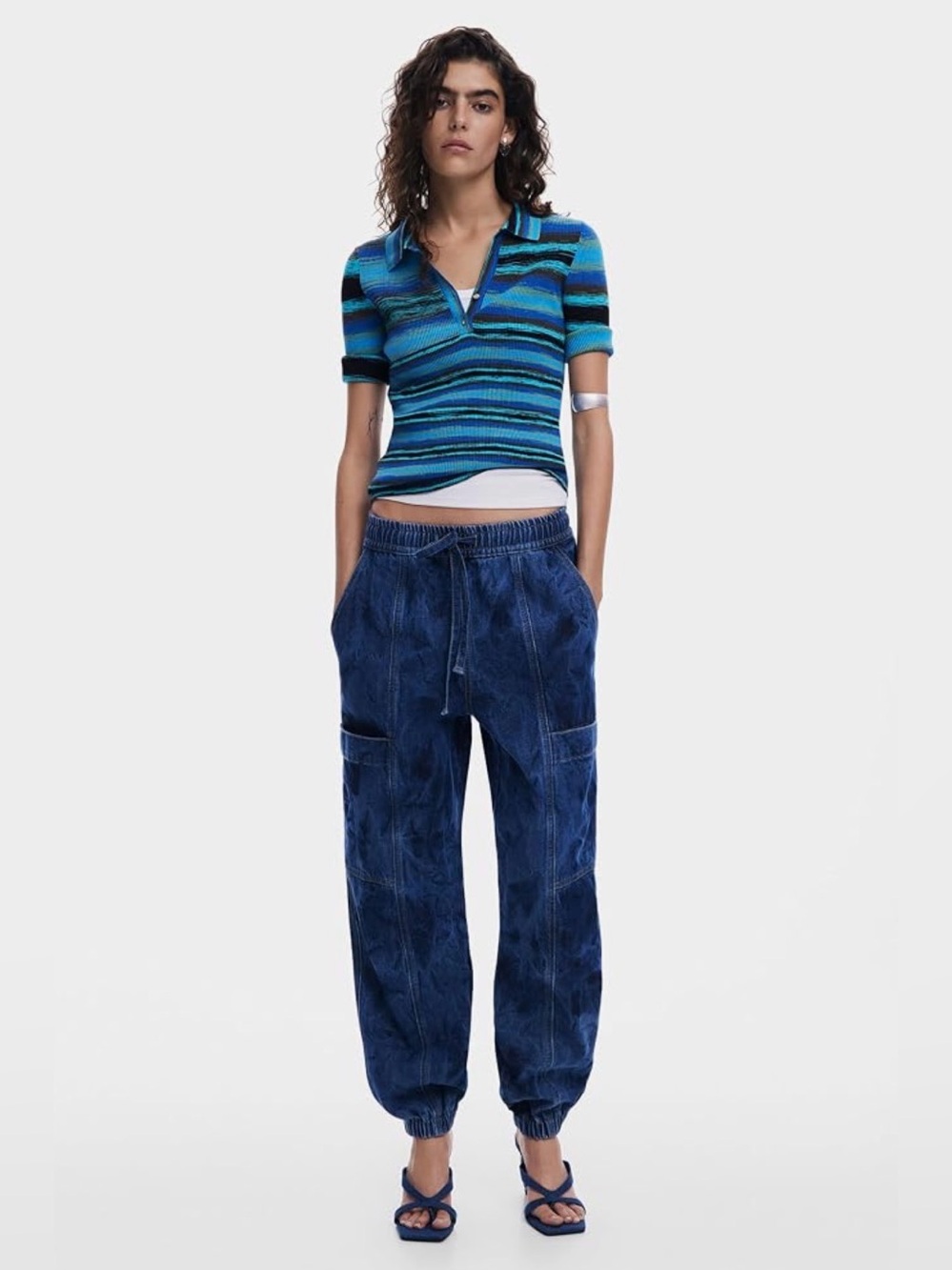 Women's Desigual Striped Knit Tshirt Blue collar size medium